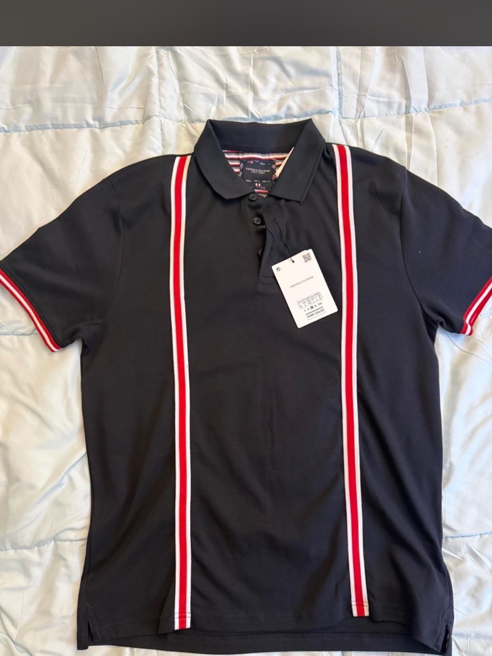 Denim & Flower Black Polo with Red and White Stripes